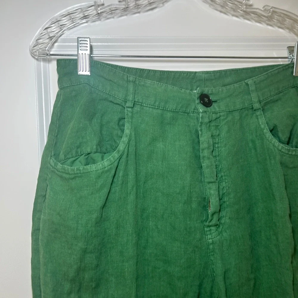 Zara Green Linen Wide Leg Pants High Waisted Frayed Hem Trousers Medium breezy